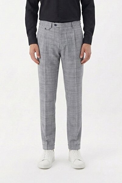 Sabri Özel Giotelli Mavi Slim Fit Desenli Duble Paça Klasik Pantolon