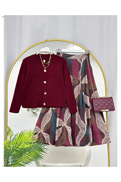 YEDİLALE SET DUBLU CU FERMOAR, FUSTĂ CU MODEL ABSTRACT ȘI CARDIGAN TRICOTAT [...