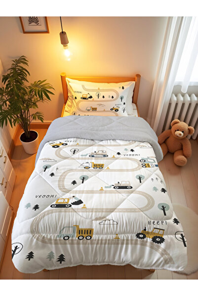 Evmila İş Makineli Ve Yol Desenli Çift Taraflı Kapitone Çocuk Yorganı - 160x2...