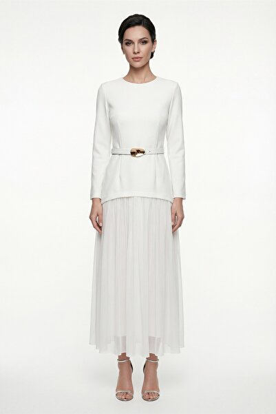 Lafaba Women's White Belted Midi Evening Dress