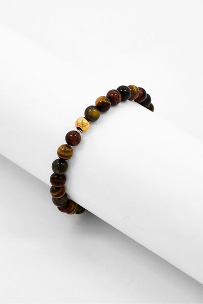 Steeltime Men Tiger Eye Beads Stretch Bracelet, Brown