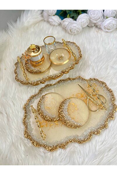 RESİNARTSHOP Epoksi Tepsi Sedefli Krem & Gold Nişan Seti