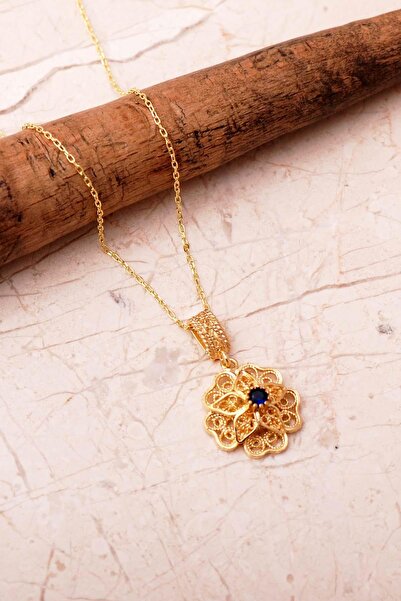 Sümer Telkari Taşlı Telkari Elişi Altın Kaplama 925 Ayar Gümüş Çiçek Kolye 8109