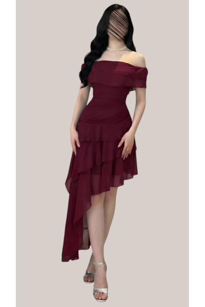 BATRINA STYLE Soft chiffon midi dress, burgundy, lined