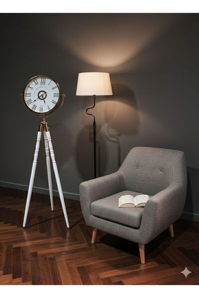 Serdemdizayn serdem TRİPOD BEYAZ AHŞAP AYAKLI-(40X40)-GOLD DEKORATİF SAAT
