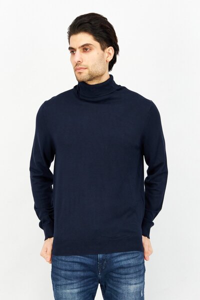 CELIO Men Mock Neck Plain Long Sleeves Sweater, Navy