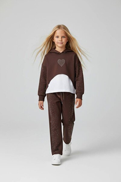 RONYPONY Girl's Stone Detailed Hooded 2-Piece Set