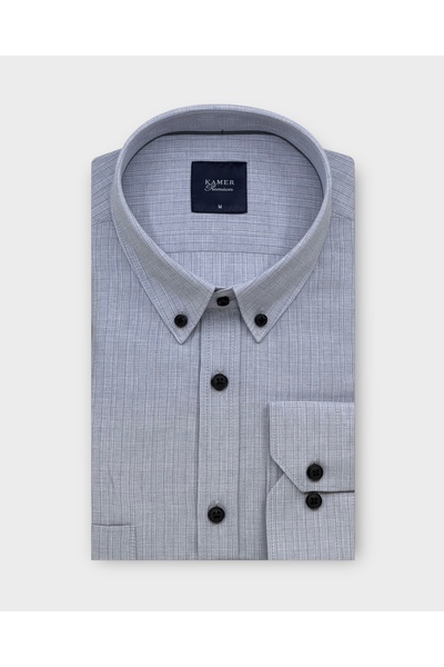 KAMER Regular Fit Long Sleeve Buttoned Collar Double Pocket Plaid Light Gray ...