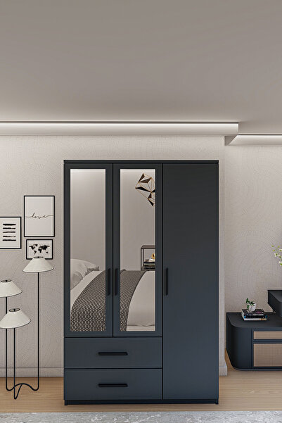Metalia GM 856 HOME 3 KAPI 2 ÇEKMECELİ ANTRASİT GRİ AYNALI GARDIROP