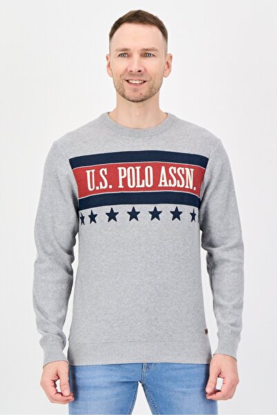 U.S. Polo Assn. Men Crew Neck Graphic Print Long Sleeve Sweater, Grey Melange