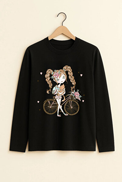 MYADA Tricou pentru copii cu mânecă lungă, imprimat cu fată pe bicicletă, Pre...