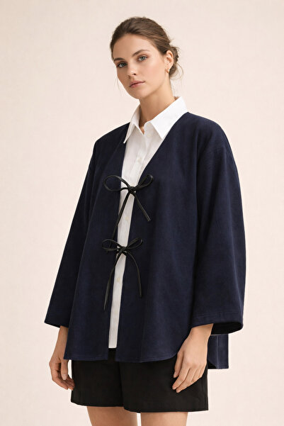 Kirazgym Lace-Up Front Oval Cut Cashmere Kimono - Navy Blue