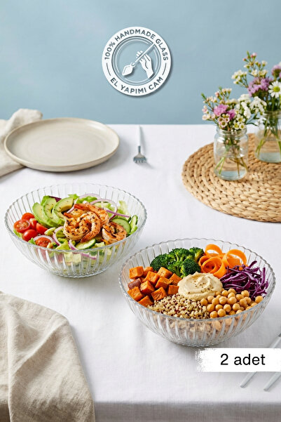 Glamis طقم وعاء زجاجي للسلطة والتقديم مكون من قطعتين مصنوع يدويًا من سيلين كو...