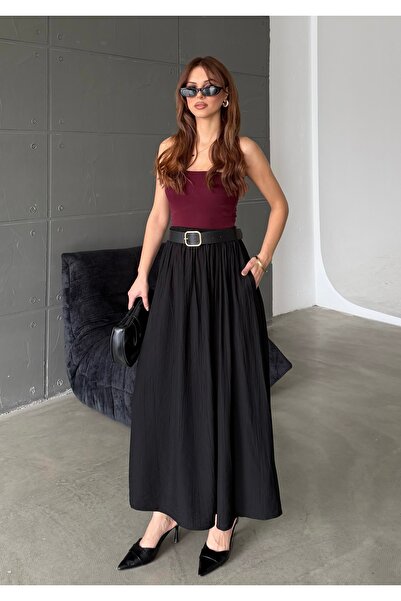 BEJNA Women's Maxi Length Belted Skirt with Pockets