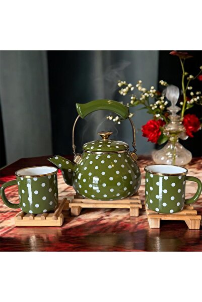 ALEV EMAYE Emaye Çaydanlık + 2 Kupa (9cm) Seti Yeşil Puantiyeli Tasarım ahşap...