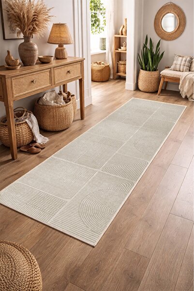 VOPTEKS Bej Halı Yolluk Makinede Yıkanabilir Halı Kaymaz Taban Halı