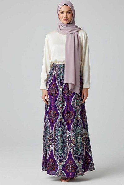 Tesettür Diyarı Women's Ethnic Pattern Long Skirt - Purple