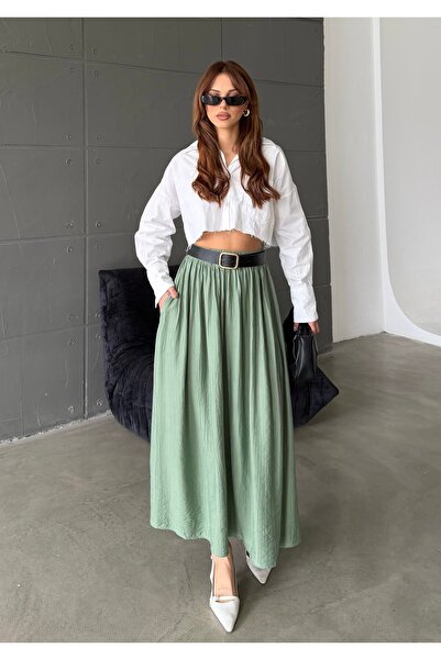 BEJNA Women's Maxi Length Belted Skirt with Pockets