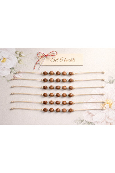 Handmade Set of 6 Martisoare pieces made with semi-precious stones, brown sun...