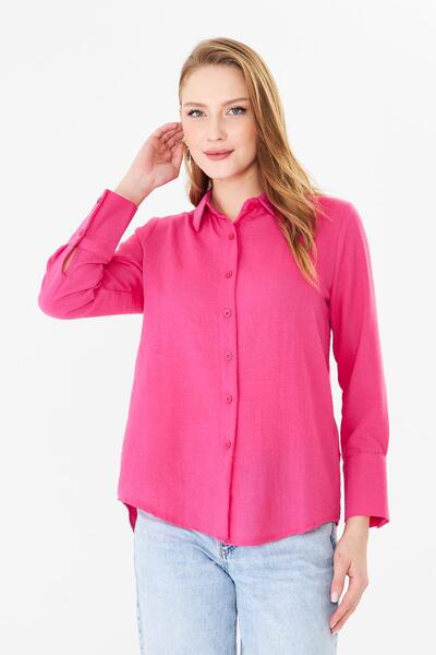 Sortie Women's Long Cuffed Comfortable Fit Fuchsia Color Linen Shirt