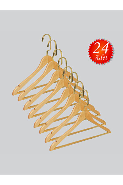 NYN Ahşap M001-BARLI (GOLD KANCA LAMA) Gömlek, Pantolon Elbise Askısı 24 Adet