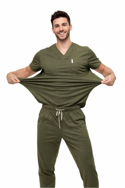 SKORMED Set de uniforme medicale UNISEX verde kaki – Țesătură elastică, decolteu în V, uniformă pentru asistente și medici cu buzunare