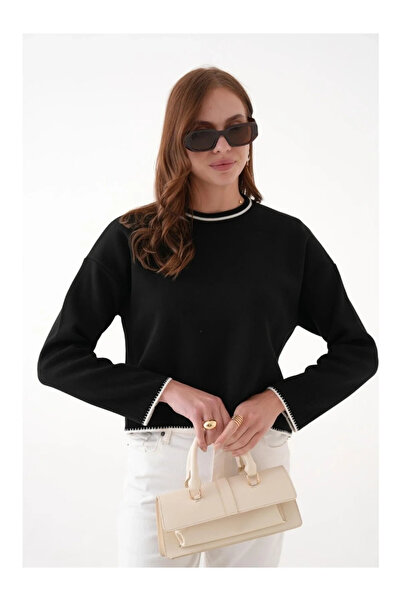 bysoca Women's Black and White Stripe Detailed Crew Neck Long Sleeve Oversize...