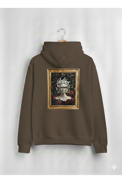 CAST COLLECTİON Unisex Brown Medusa Rose Detailed Printed Hooded Sweatshirt