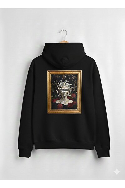 CAST COLLECTİON Hanorac unisex negru cu imprimeu detaliat cu trandafiri Medusa