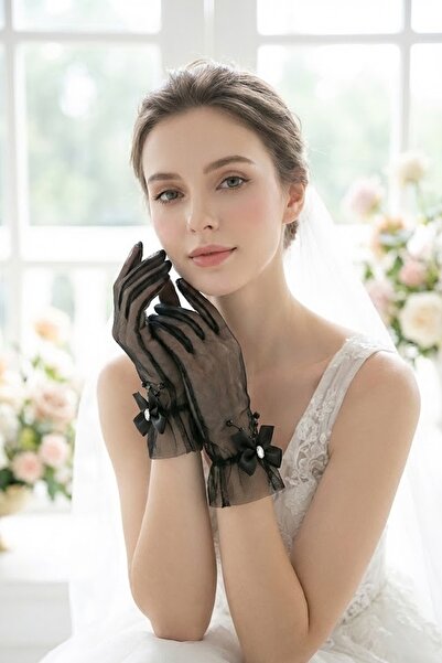 Hobigram Opalia Bow & Pearl Pendulum Detailed Above-Wrist Tulle Bridal Gloves