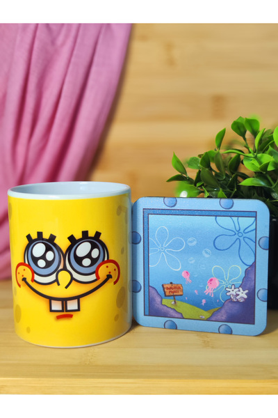 kuttuushop Süngerbob'lu Kupa Bardak Kahve Çay Fincanı ve Bardak Altı