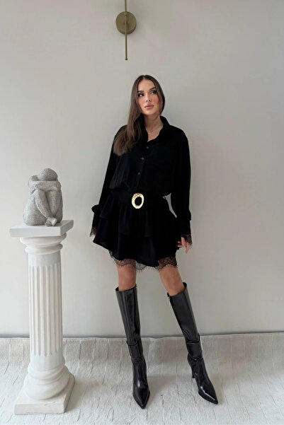 MOZENA Φόρεμα πουκάμισο με ζώνη στη μέση και λεπτομέρεια από δαντέλα