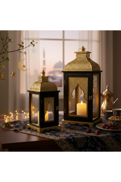 Ebticar زينة فانوس معدني مع زجاج - أسود × ذهبي (مجموعة فاخرة من قطعتين)