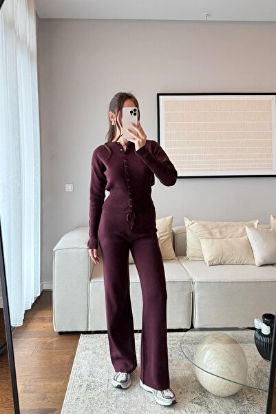 FMN Butik Women's Two-Piece Cardigan Pants Knitwear Set with Sleeve Details, ...