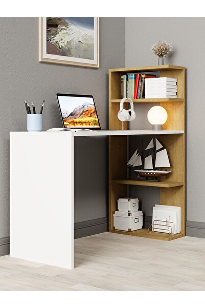 KuzeyLife Luga Kitaplıklı Raflı Çalışma Masası Kahverengi