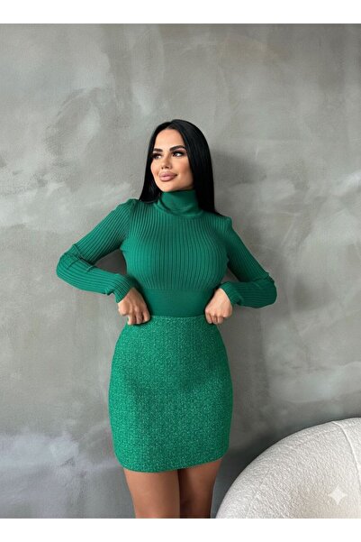 MAESTRO WOMAN Kadın Zümrüt Yeşil Tüvit Mini Etek