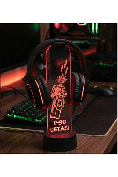 dekarasyon RGB Gamer Oyuncu Kulaklık Standı P90 Silah Desenli Masaüstü kulakl...