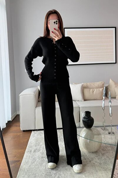 FMN Butik Women's Two-Piece Cardigan Pants Knitwear Set with Sleeve Details, ...