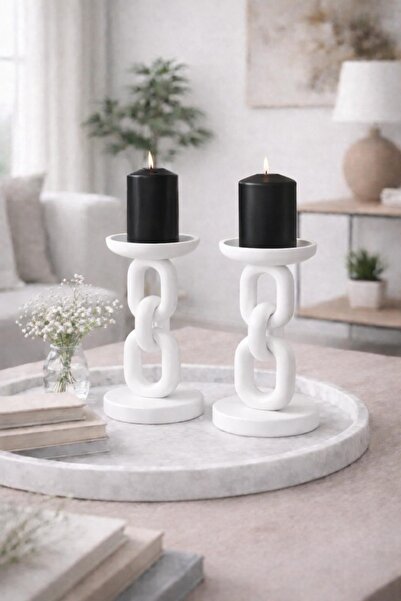 Store Modern Dekoratif Mumluk Seti 2’li | beyaz Taş Tozu Şamdan | Konsol & Or...