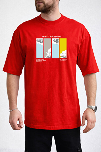 caddekombin Men's My Life Is of Adventure Text Printed Crew Neck Red T-Shirt