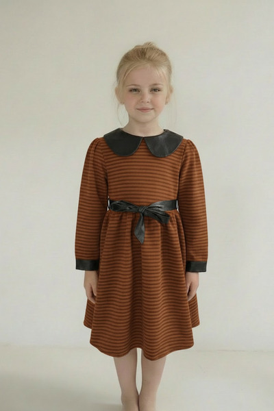 FESSHERA KİDS Girl's Dress with Faux Leather Detail, Baby Collar and Zipper o...