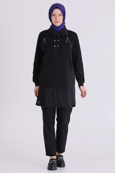 behrem Plus Size Collared, Half Snap, Stone Lace Accessory Hijab Tunic 20136