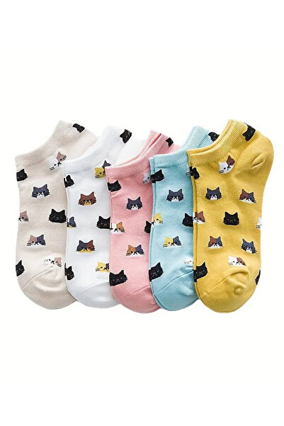 EFAYN.RO Women's socks, set of 5 pairs, cat pattern, short ankle length, size...