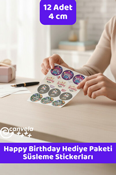 İstisna 12 Adet 4 Cm Happy Birthday Sticker Seti Hediye Paketi Süsleme Etiketi