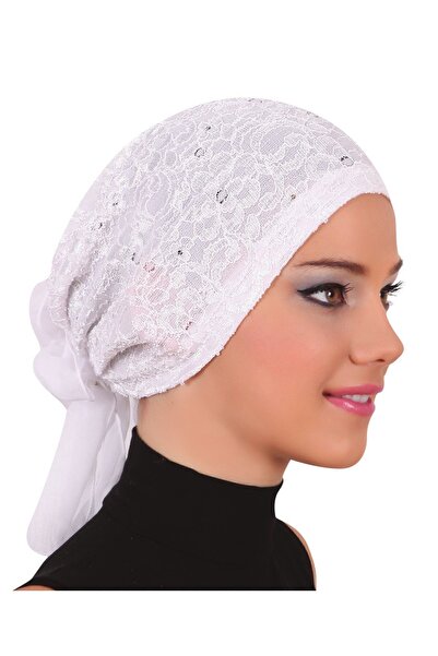 elysianfidan Lace Tulle White Ready-To-Wear Turban Hijab Bonnet Suitable for ...