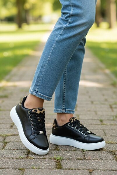 KAFKASLAR AYAKKABI Flat Thick Orthopedic Sole Leopard Pattern Women's Sneaker...