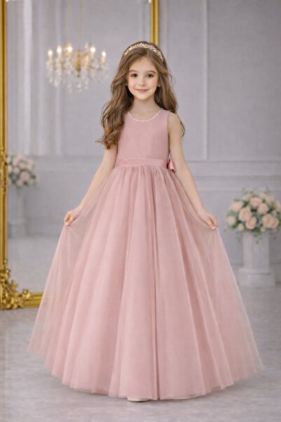 SUNEH Kız Çocuk Yaka İnci Detaylı Pudra Balo Doğum Günü Mezuniyet Parti Abiye...