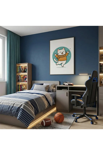 Sevimli Çizgi Kedi Posteri - Altın Renk Çerçeveli