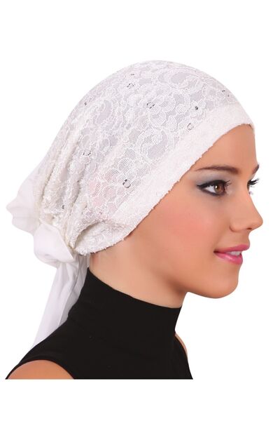 elysianfidan Lace Tulle Cream Ready-To-Wear Turban Hijab Bonnet Suitable for ...