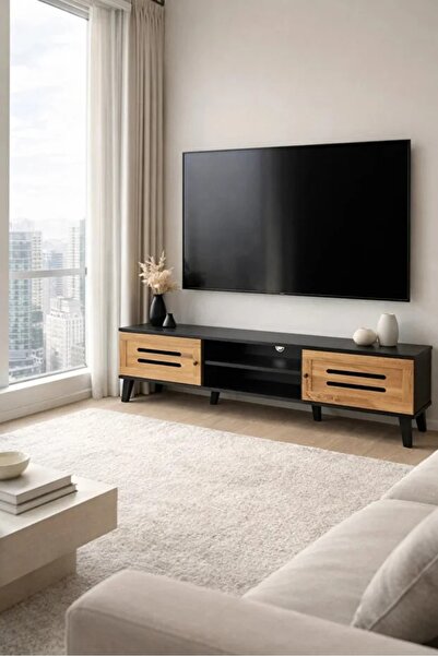 N.zone حامل تلفزيون خشبي عصري أسود اللون بألواح أمامية من خشب البلوط، أبعاده ...